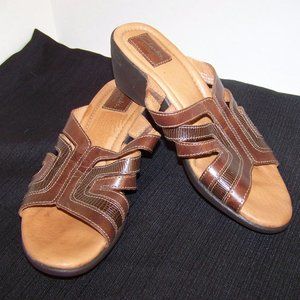 Clarks Artisan Leather Tan Slip On Wedge Sandals